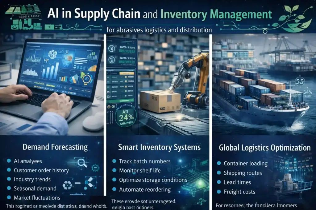 AI-powered supply chain and inventory management system for abrasives showing demand forecasting smart warehousing and global logistics optimization