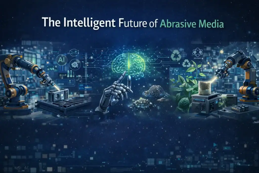 The Intelligent Future of Abrasive Media showing AI-driven robotic manufacturing smart systems and sustainable technology