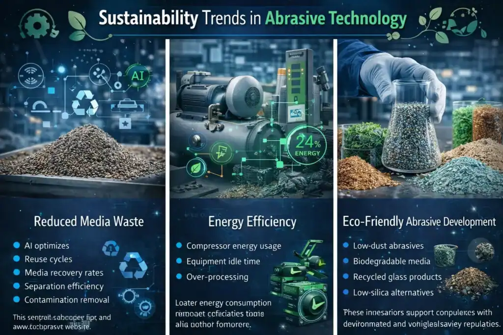 AI-driven sustainability in abrasive technology showing reduced waste energy efficiency and eco-friendly abrasive development
