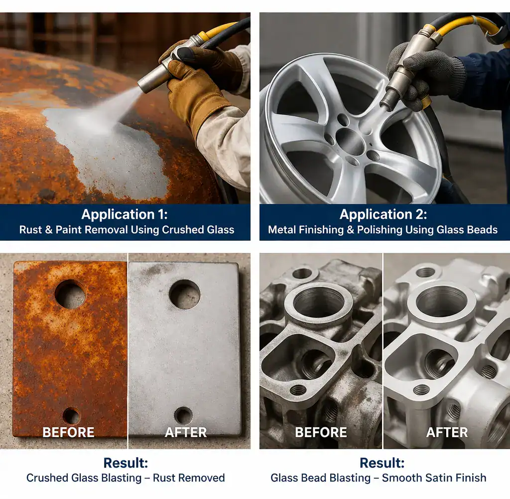 Glass beads vs crushed glass applications showing surface finishing and rust removal blasting processes