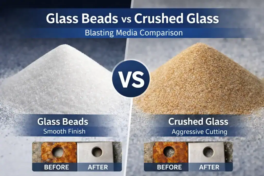 Abrasive glass beads vs crushed glass applications showing smooth finish vs aggressive cutting blasting media