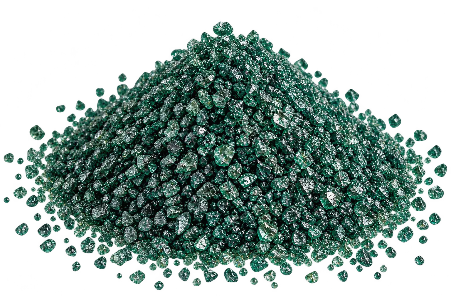Explore Abrasive Sandblasting Media Products 6 Green Silicon Carbide abrasive grit in a pile, showcasing sharp crystalline grains for industrial grinding, lapping, polishing, and precision surface finishing.